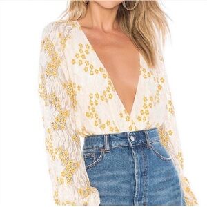 Lovers + Friends Yellow Floral Lace Blouse